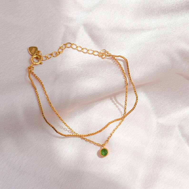 Natural Emerald Dainty Bracelet, Layered Delicate Bracelet with Emerald Charm, Minimalist Gold Bracelet Jewellery, Birthday Gift for Her image 4