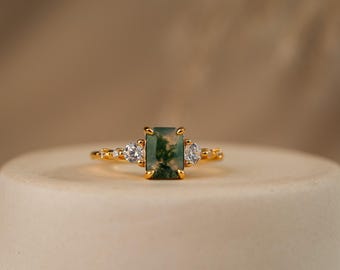 Natural Moss Agate Ring 14K Gold Vermeil, Genuine Agate Jewelry, Engagement Ring, Promise Ring
