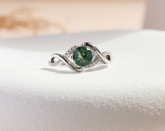 Anillo de ágata musgosa en plata de ley, anillo vintage de ágata natural, anillo de compromiso, regalo de aniversario y cumpleaños para ella