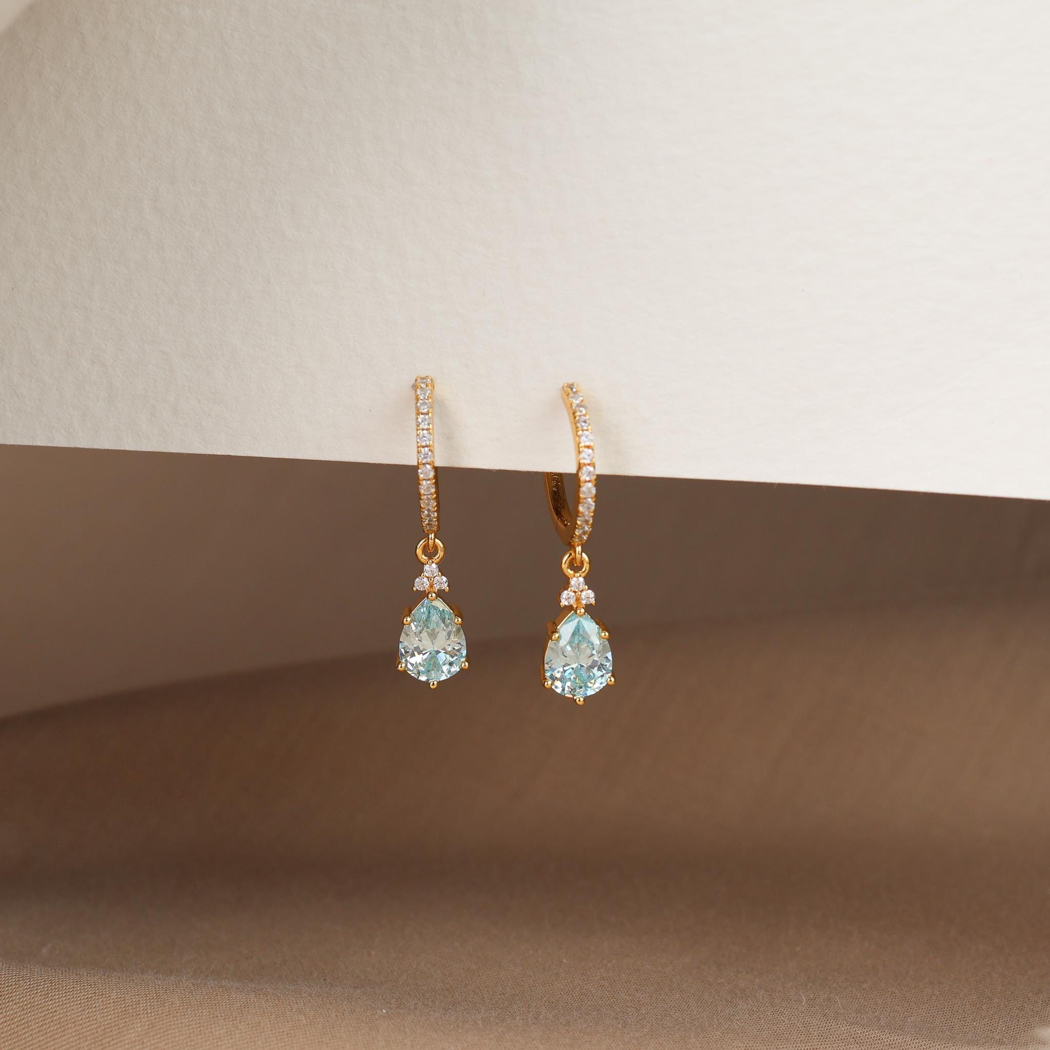 Aquamarine Gold Hoop Earrings 14K Gold Vermeil, Aquamarine CZ Earring Necklace Jewellery Set, Anniversary Birthday Gifts for Her