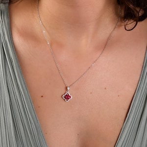 Genuine Ruby Clover Silver Necklace, Lab Ruby Red Stone Jewellery, Anniversary Birthday Gifts for Her