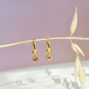 Natural Ruby Earrings Gold Hoops, Star Huggie Hoop Earrings, Sterling Silver Ruby Birthstone earrings, Gifts for Her