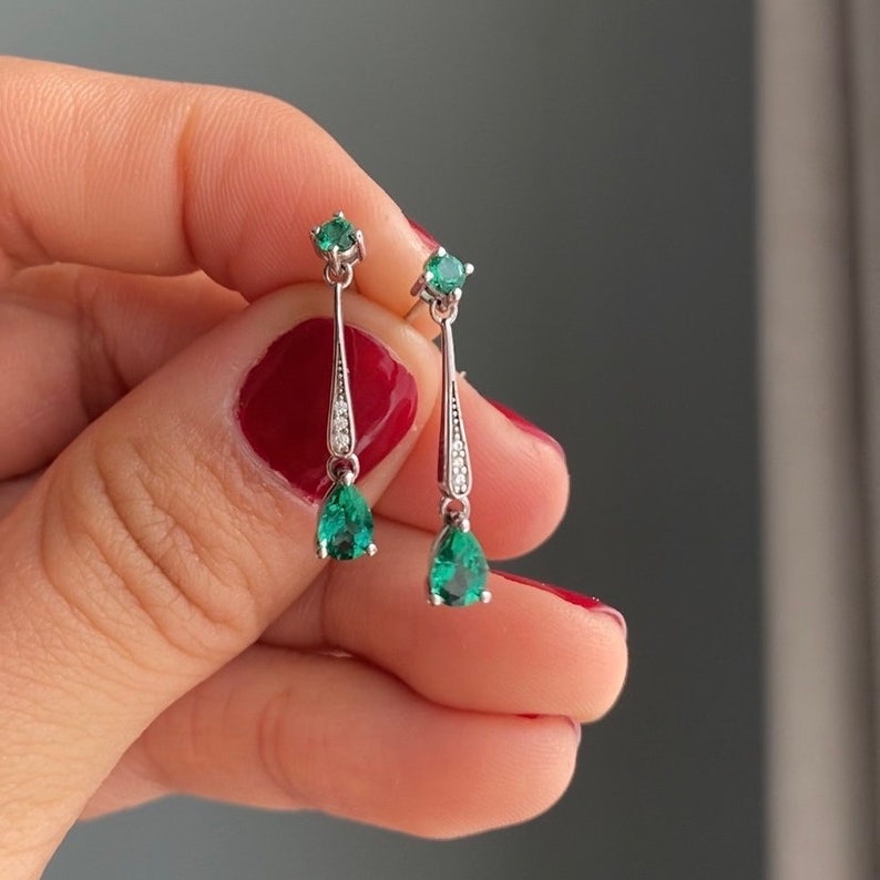 Emerald Art Deco Gold Earrings, Emerald Drop Dangle Earrings, Vintage Jewellery, long drop earrings, Gifts for Mum, Birthday Gifts White Gold