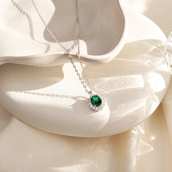 Real Emerald Necklace 925 Sterling Silver, White Gold Vintage Jewellery, Anniversary Birthday Gifts for Her