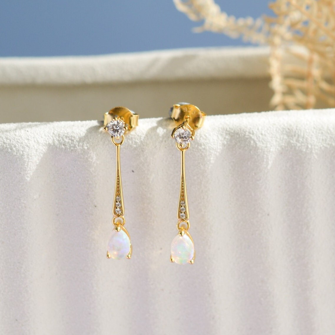 FANCIME Opal Ohrringe Aus 925er Sterling Silber – Hängend Mit Zirkonia, Geschenkbox