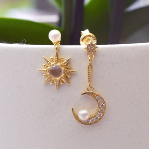Rose Quartz with Genuine Freshwater Pearl Gold Vermeil Celestial Earrings, Mismatched Dainty Moon Star Earrings, Birthday Gifts for Her