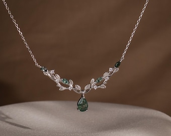 Natural Moss Agate Leaf Necklace Sterling Silver, Vintage Style Pendant, Birthday Gifts for Her