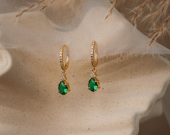 Emerald Hoop Earrings 14K Gold Vermeil, Sterling Silver Green Cz Jewellery, Anniversary Birthday Gifts for Her