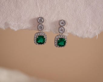 Genuine Emerald Sterling Silver Earrings, Lab Emerald Dangle Drop Earring, Anniversary Jewelry, Birthday Gifts for Her