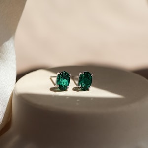 Genuine 1.47ct Emerald Oval Stud Earrings Sterling Silver, Real Lab Emerald Earring Jewellery Set, Anniversary Birthday Gifts for Her
