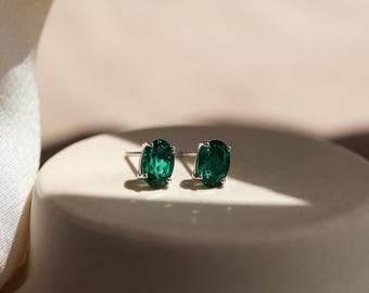 Genuine 1.47ct Emerald Oval Stud Earrings Sterling Silver, Real Lab Emerald Earring Jewellery Set, Anniversary Birthday Gifts for Her
