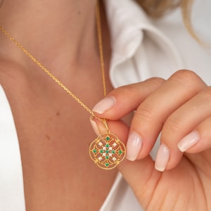 14k Solid Gold Genuine Emerald Necklace, Natural Emerald 9k Real Gold Necklace, Art Nouveau Vintage Style Necklace, Birthday Gifts For Her