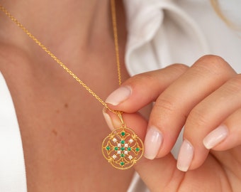 14k Solid Gold Genuine Emerald Necklace, Natural Emerald 9k Real Gold Necklace, Art Nouveau Vintage Style Necklace, Birthday Gifts For Her