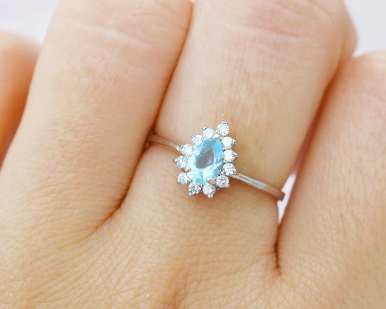 Simple Ring Genuine Gemstone Ring Silver Ring Dainty Ring Genuine Blue Topaz Pear Cut Halo Ring Birthstone Ring