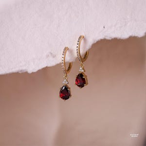 Garnet Birthstone Hoop Earrings 14K Gold Vermeil, Cz Earring Jewellery, Anniversary Birthday Gifts for Her