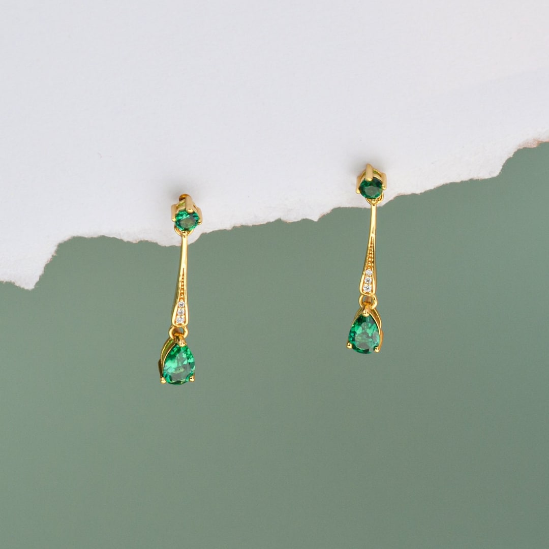 Boucles D'oreilles émeraude Art Déco En Or Jaune 14 Carats - Véritable émeraude - Dos Sécurité
