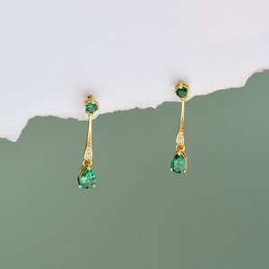 Emerald Art Deco Gold Earrings, Emerald Drop Dangle Earrings, Vintage Jewellery, long drop earrings, Gifts for Mum, Birthday Gifts image 1