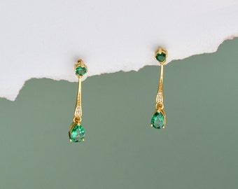 Genuine Emerald Art Deco Gold Earrings, Dainty Lab Emerald Dangle Earrings, Vintage Jewellery, Dainty drop earrings, Birthday Gifts for Her