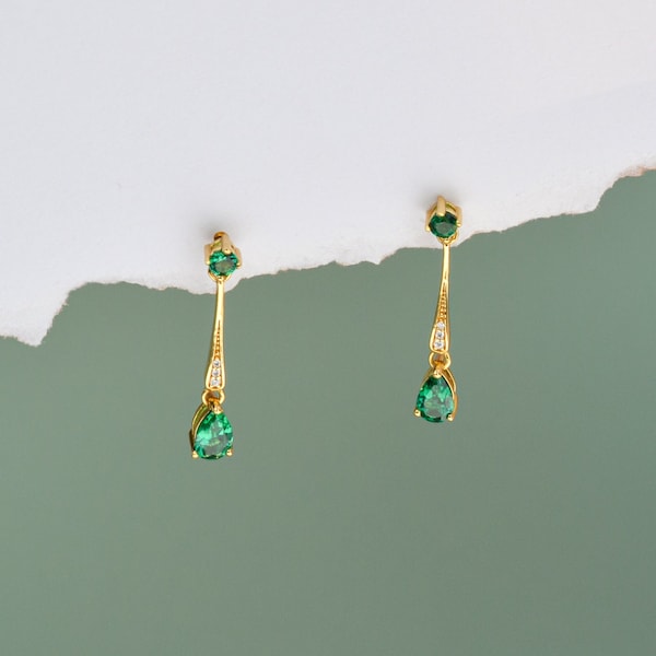 Emerald Art Deco Gold Earrings, Emerald Drop Dangle Earrings, Vintage Jewellery, long drop earrings, Gifts for Mum, Birthday Gifts