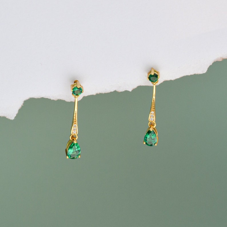 Emerald Art Deco Gold Earrings, Emerald Drop Dangle Earrings, Vintage Jewellery, long drop earrings, Gifts for Mum, Birthday Gifts image 1