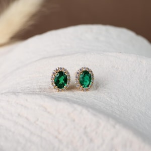 Genuine Emerald Gold Stud Earrings, Real Lab Emerald Halo Jewellery, Anniversary Birthday Gifts for Her