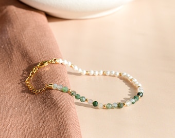 Moss Agate Dainty Bracelet with Pearl, Slim Gemstone Gold Bracelet, Gold Pearl Bracelet, Gift for Her