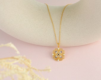 Solid Gold Blue Sapphire Necklace, Natural Ruby Emerald 9k Real Gold Necklace, Made to Order, Vintage Style Necklace, Birthday Gifts For Her