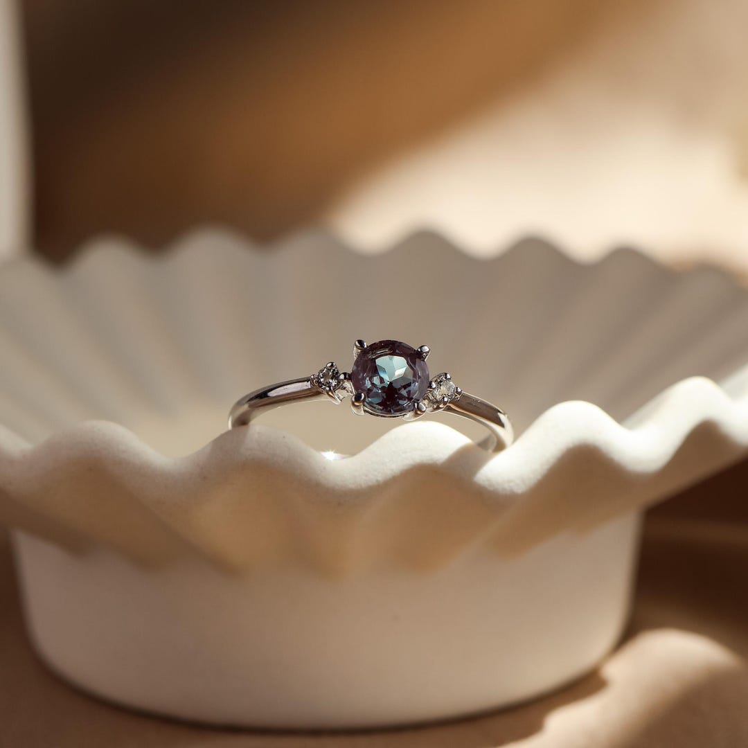 Alexandrite Sterling Silver Ring Round Cut, Alternative Engagement Ring ...