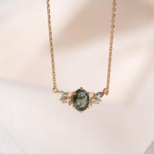 Moss Agate Opal Gold Necklace, Gold Pendant Moss Agate Vintage Jewellery, Anniversary Birthday Gifts for Her