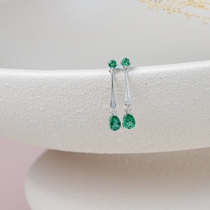 Genuine Emerald Art Deco Earrings 925 Sterling Silver, Lab Emerald Jewellery, Dainty Vintage drop earrings, Gifts for Mum, Birthday Gift