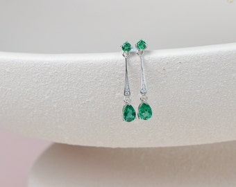 Emerald Art Deco Earrings in 925 Sterling Silver, White Gold Vintage drop earrings, long drop earrings, Gifts for Mum, Birthday Gifts