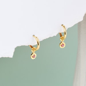 Natural Ruby Solid Gold Earrings Huggie Hoops, Star Huggie Hoops, 9ct Real Gold Birthstone earrings, Anniversary Birthday Gifts for Her