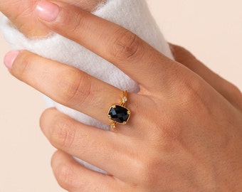 14K Solid Gold Black Onyx Ring, 9K Art Deco Ring, Vintage Style Ring, Alternative Engagement Ring, Unique Gemstone Ring, Gifts for Her