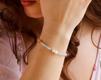 Healing Natural Gemstone Dainty Bracelet, Blue Topaz Pearl Delicate Bracelet, Bracelet for Clarity, Gift for Her