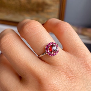 Natural Garnet Ruby Silver Ring, 925 Sterling Silver Flower Ring, Genuine Garnet Halo Ring, Birthstone Ring, Birthday Gifts for Her