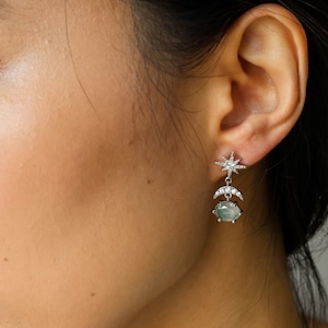 Moss Agate Earrings Star Moon Dangle Drop Earring Silver, Celestial Moss Agate Jewellery, Anniversary Birthday Gifts for Her