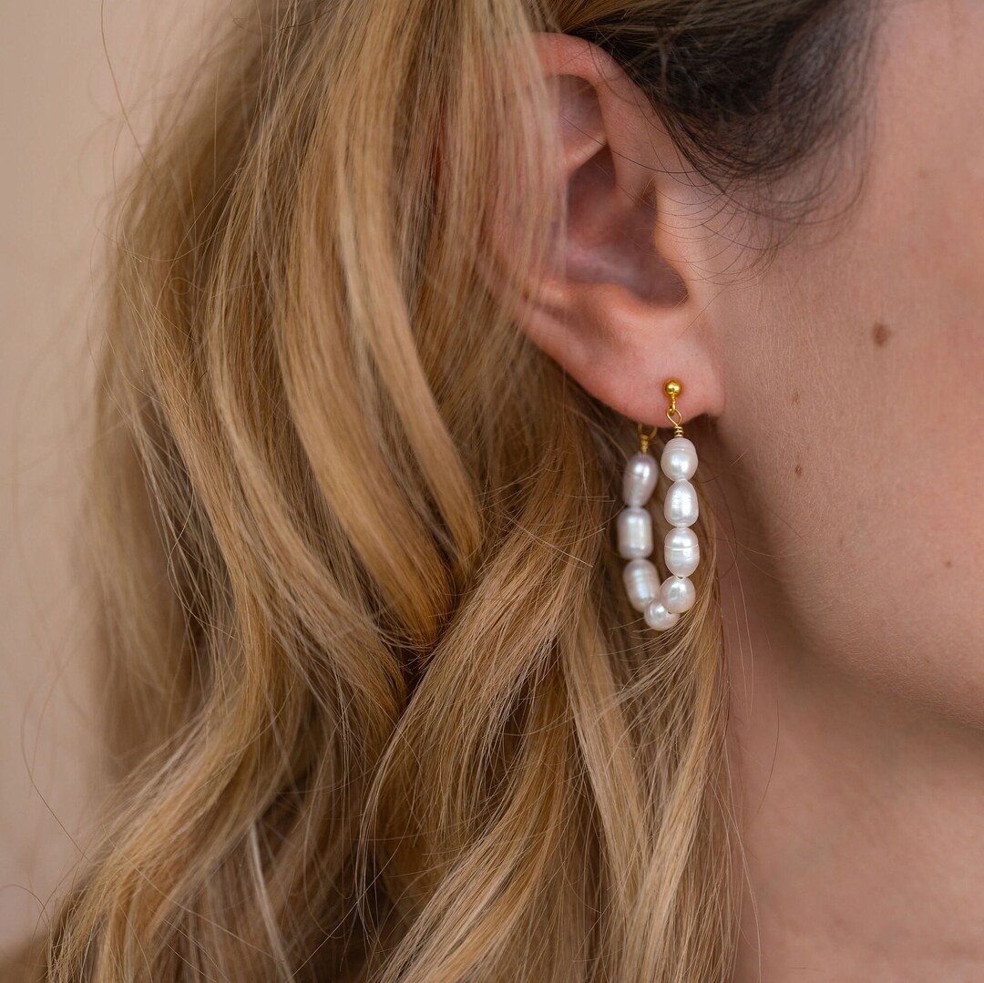 Pearl Hoop Earrings Gold Sterling Silver, Freshwater Pearl