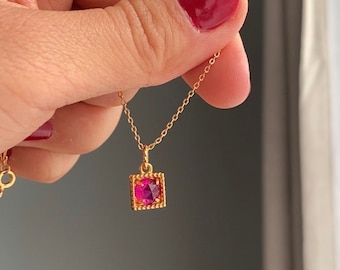 Dainty Ruby Necklace in 14K Gold Vermeil, Christmas Gifts, Anniversary Gifts, Birthday Gifts For Her