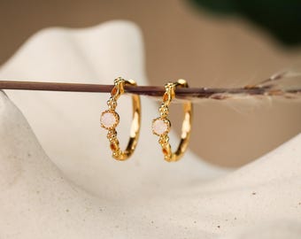 Orecchini a cerchio in oro con pietra di luna naturale, oro vermeil 14k, gioielli vintage in argento sterling con pietre portafortuna