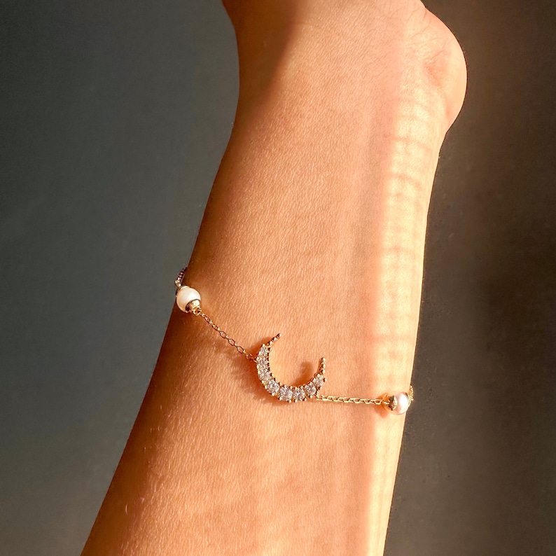 Freshwater Pearl Moon Bracelet Gold Sterling, Dainty Pearl Bracelet Crescent Moon, Genuine Freshwater Pearl Bracelet, Gift for Her image 7