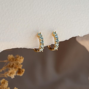 Aquamarine Blue Dainty Gold Hoop Earrings, 14K Gold Vermeil Small Huggie Hoops Colourful CZ Gemstone Jewellery, Birthday Gifts for Her