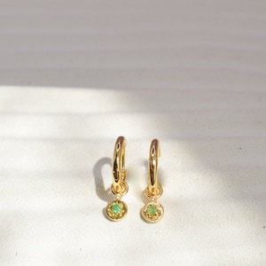 Natural Emerald Solid Gold Hoop Earrings, 9K Huggie Hoop Sapphire Ruby Earrings, Dainty Birthstone earrings, Birthday Gifts for Her