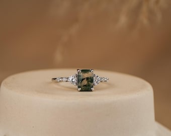 Anillo de ágata musgosa natural en plata de ley, joyería de ágata auténtica, anillo de compromiso, anillo de promesa