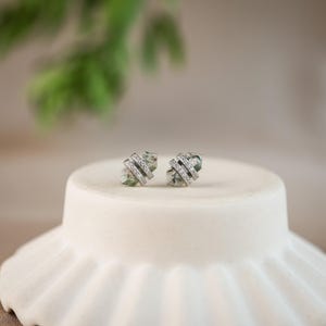 Natural Moss Agate Sterling Silver Earrings, Silver Crystal Point Talisman Studs, Gemstone Jewellery Set, Birthday Gifts for Her