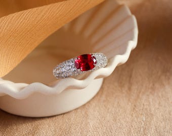 Genuine Ruby Pave Ring, Red stone Ring, Anniversary Promise Ring, Birthday gift for her