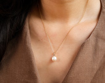 Pearl Necklace Jewellery Set, 14K Gold Vermeil Simple Pearl Studs Earring Pendant, Vintage Jewellery, Birthday Gifts for Her
