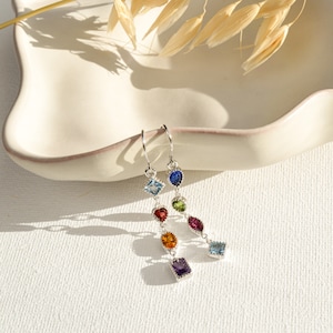 Colourful Multi Gemstone Dangle Long Earrings Sterling Silver, Boho Drop Earrings, Birthday Gifts for Her