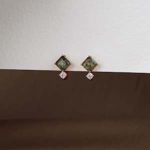 Natural Moss Agate Gold Hoop Earrings Art Deco, Dainty Huggie Hoops, Agate Vintage Gold Jewellery, Anniversary Birthday Gifts for Her
