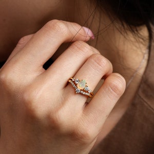 Natural Opal Ring Set, 14K Gold Vermeil Champagne Opal Engagement Ring, October Birthstone Ring, Alternative Engagement
