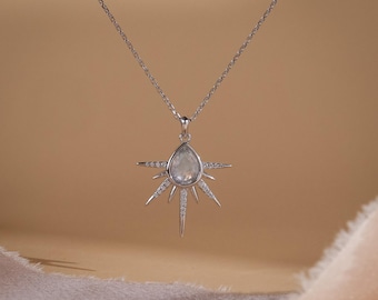 Natural Moonstone Necklace Sterling Silver, Teardrop Moonstone Pendant, Starburst Necklace, Moonstone Jewellery